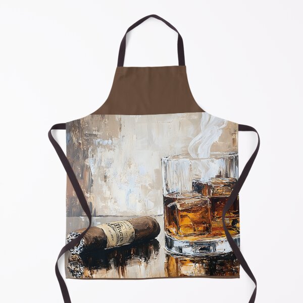 Item preview, Glass of Whiskey with Ice Cubes and Lit Cigar with Elegant Smoke in Warm Golden Tones designed and sold by OlfactoART Studio.