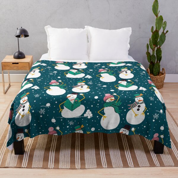 Item preview, Cute playful snowman having a snowball fight on dark aqua designed and sold by katerosestudios.