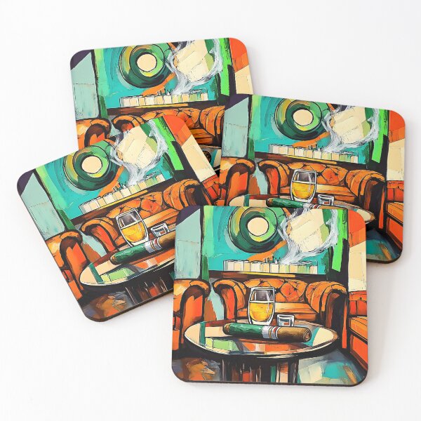 Item preview, Cozy Lounge with Warm Orange and Brown Tones Featuring Leather Armchairs, Whiskey, and Cigar AI Art designed and sold by OlfactoART Studio.