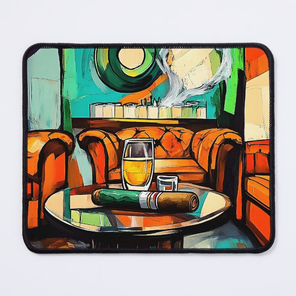 Item preview, Cozy Lounge with Warm Orange and Brown Tones Featuring Leather Armchairs, Whiskey, and Cigar AI Art designed and sold by OlfactoART Studio.