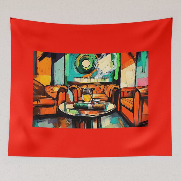 Item preview, Cozy Lounge with Warm Orange and Brown Tones Featuring Leather Armchairs, Whiskey, and Cigar AI Art designed and sold by OlfactoART Studio.