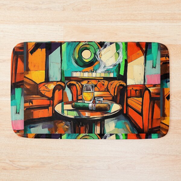 Item preview, Cozy Lounge with Warm Orange and Brown Tones Featuring Leather Armchairs, Whiskey, and Cigar AI Art designed and sold by OlfactoART Studio.
