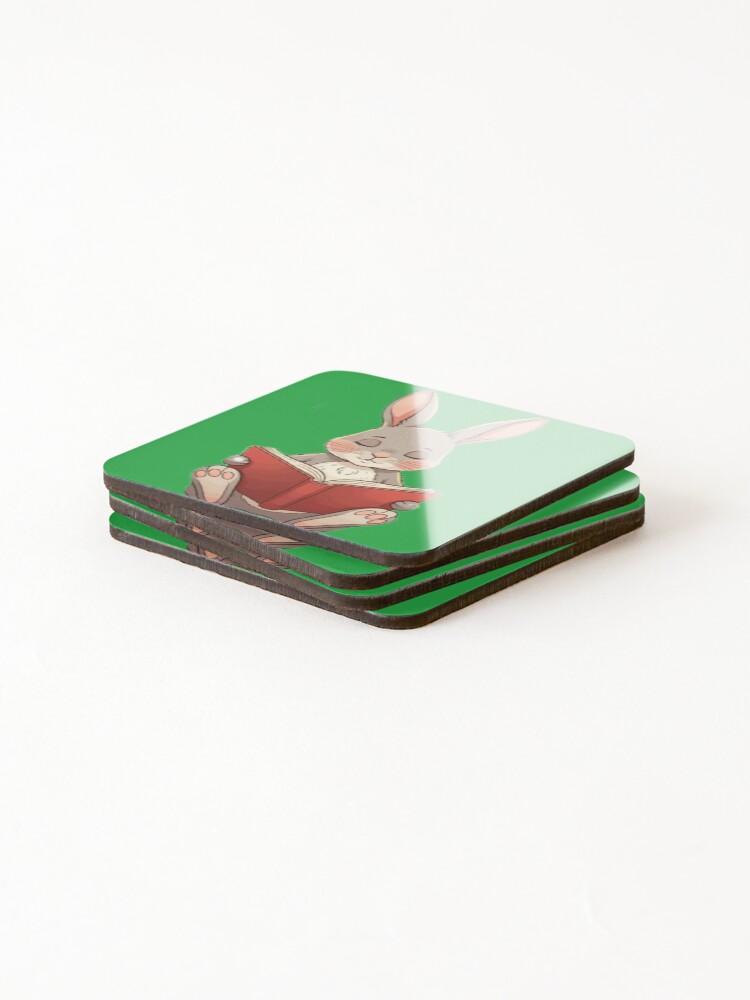 Thumbnail 4 of 5, Coasters (Set of 4), Green Large Rabbit Reading designed and sold by wintervsfall.