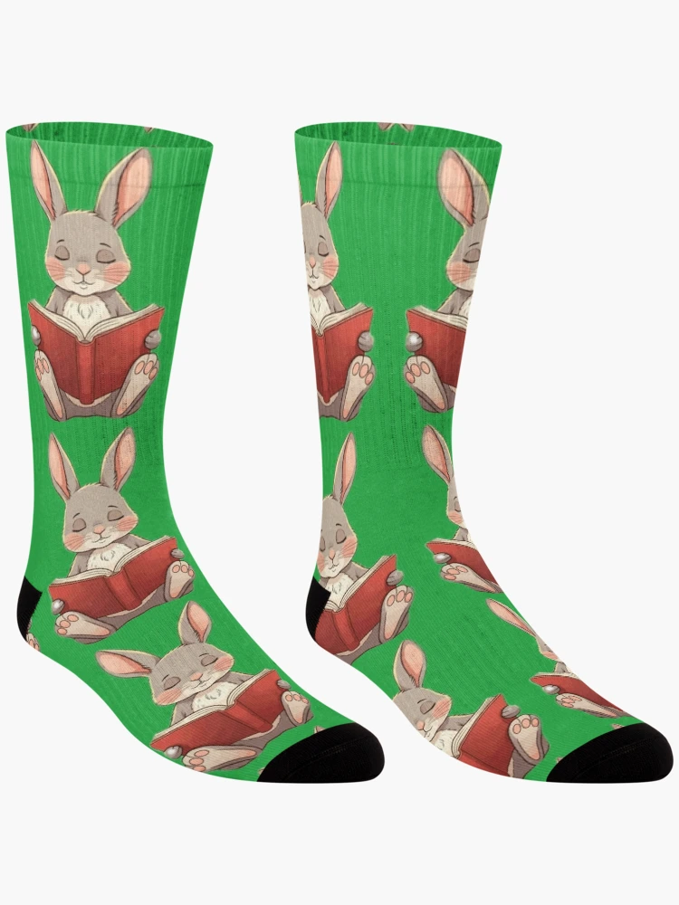 Thumbnail 3 of 5, Socks, Green Large Rabbit Reading designed and sold by wintervsfall.