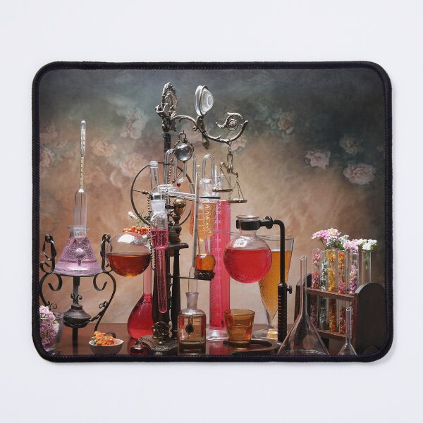 Item preview,  photograph of old pedestal with chemical laboratory glass test tubes, over a chemical wooden table designed and sold by Cinzia Murgia.