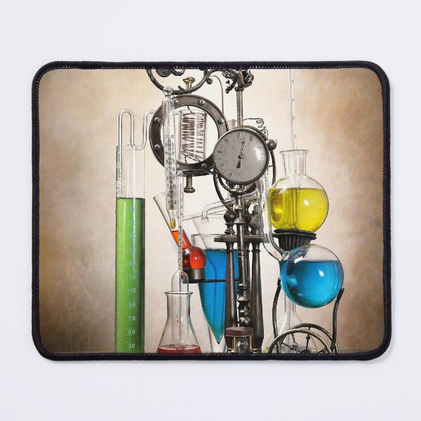 Item preview,  photograph of old pedestal with chemical laboratory glass test tubes, over a chemical wooden table designed and sold by Cinzia Murgia.