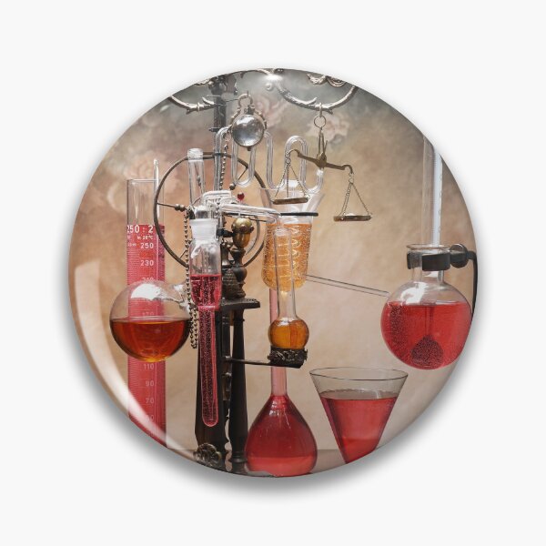 Item preview,  photograph of old pedestal with chemical laboratory glass test tubes, over a chemical wooden table designed and sold by Cinzia Murgia.