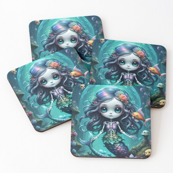 Item preview, Skeleton Mermaid Under a Full Moon – Chibi Gothic Fantasy Art designed and sold by Ophelia's Bazaar.