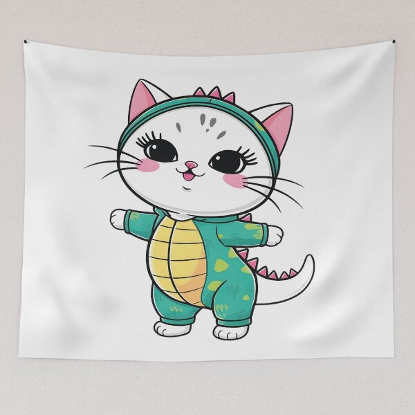 Item preview, white cat Dance Adorable round faced  -  with bright  disguised as a dinosaur designed and sold by Ammar Studio.