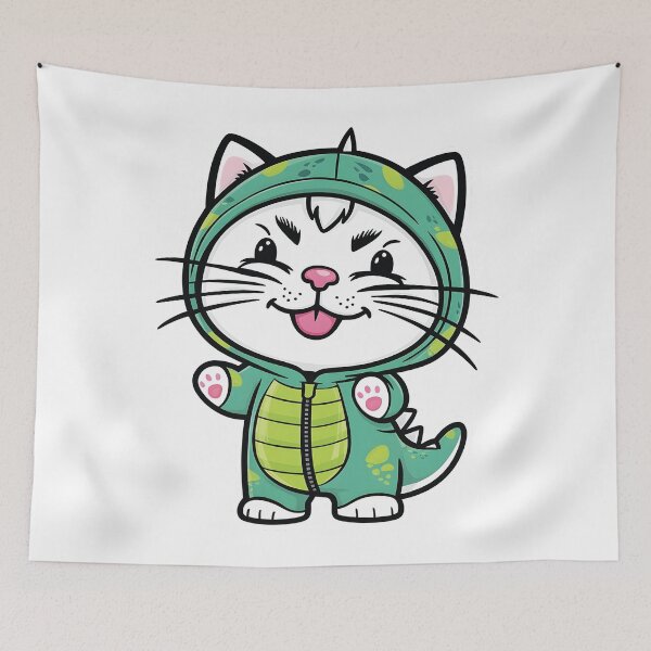 Item preview, white cat Happy Adorable round faced  -  with bright  disguised as a dinosaur designed and sold by Ammar Studio.