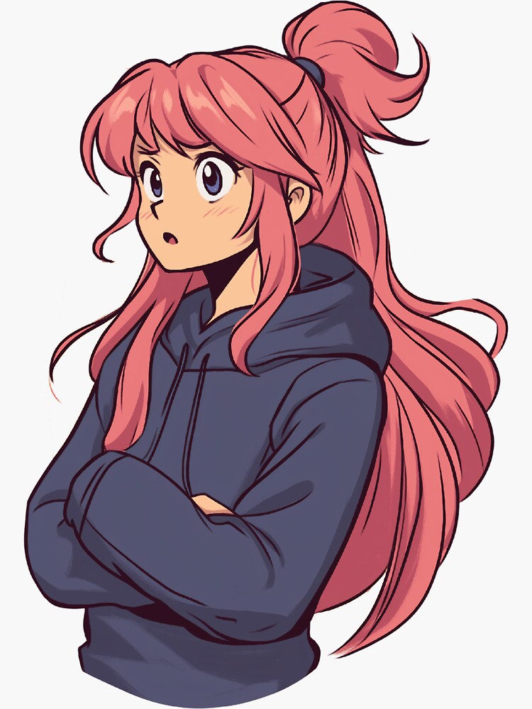 Cute Anime Girl Pink Hoodie Long Hair Oversized Hoodie Shy Hoodie