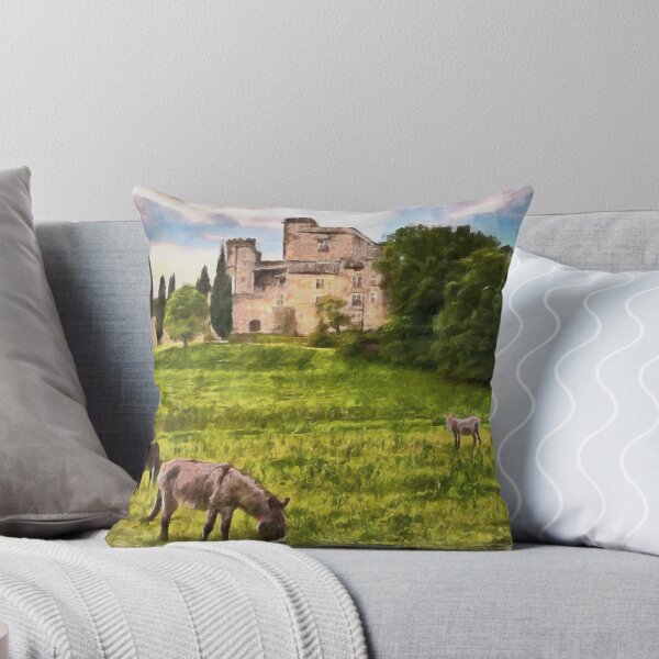 Item preview, Lourmarin, Provence, France. Landscape with the ancient castle and the grazing donkeys. Watercolor painting designed and sold by Ermes.S.