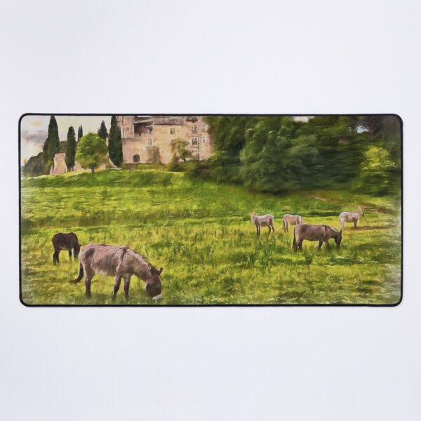 Item preview, Lourmarin, Provence, France. Landscape with the ancient castle and the grazing donkeys. Watercolor painting designed and sold by Ermes.S.
