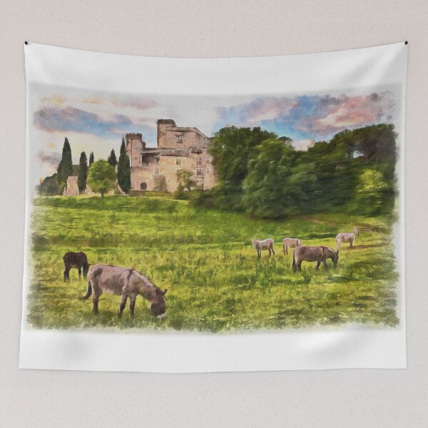Item preview, Lourmarin, Provence, France. Landscape with the ancient castle and the grazing donkeys. Watercolor painting designed and sold by Ermes.S.
