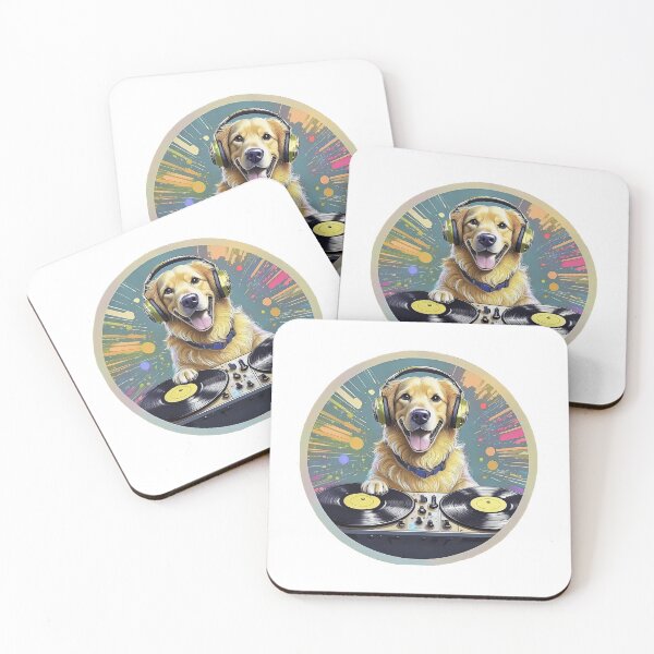 Item preview, golden retriever dog DJ wearing head phones spinning discs at a sound table designed and sold by planetgolden.