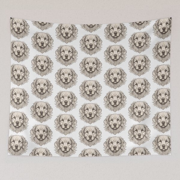 Item preview, tattoo look golden retriever pencil or ink drawing head shot with flowers designed and sold by planetgolden.