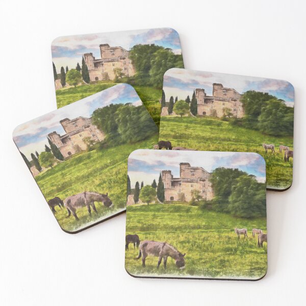 Item preview, Lourmarin, Provence, France. Landscape with the ancient castle and the grazing donkeys. Watercolor painting designed and sold by Ermes.S.