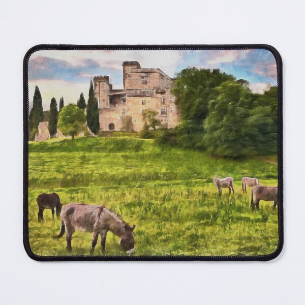 Item preview, Lourmarin, Provence, France. Landscape with the ancient castle and the grazing donkeys. Watercolor painting designed and sold by Ermes.S.