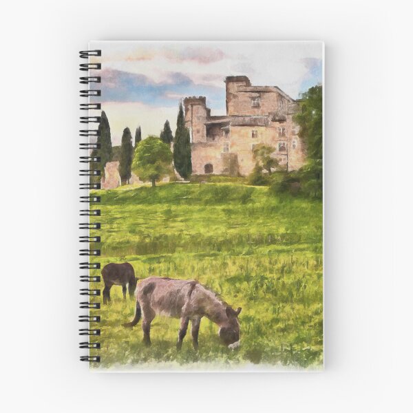 Item preview, Lourmarin, Provence, France. Landscape with the ancient castle and the grazing donkeys. Watercolor painting designed and sold by Ermes.S.