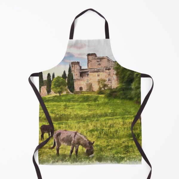 Item preview, Lourmarin, Provence, France. Landscape with the ancient castle and the grazing donkeys. Watercolor painting designed and sold by Ermes.S.