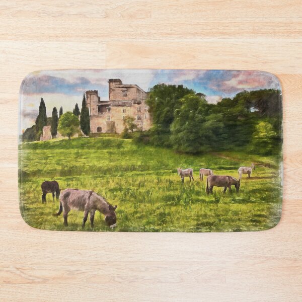 Item preview, Lourmarin, Provence, France. Landscape with the ancient castle and the grazing donkeys. Watercolor painting designed and sold by Ermes.S.
