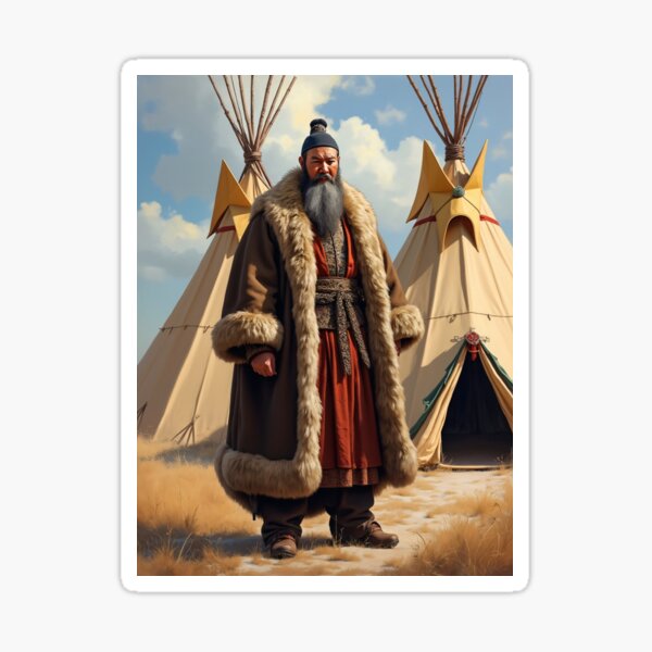 Alter mongolischer Khan in Pelzmantel vor Zelten in der Steppe Sticker