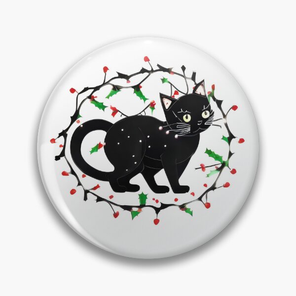 Aperçu de l'œuvre Couronne festive de chat noir avec houx et lumières de Noël créée et vendue par Cherry-Cat.