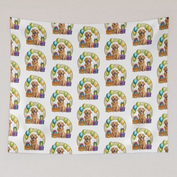 Item preview, smiling golden retriever dog sitting among balloons and wrapped gifts designed and sold by planetgolden.