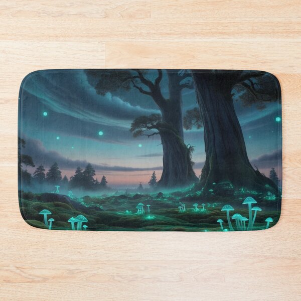 Item preview, Green Blue Glowing Mushrooms Enchanted Fairy Forest at Dusk designed and sold by lollypopstore.