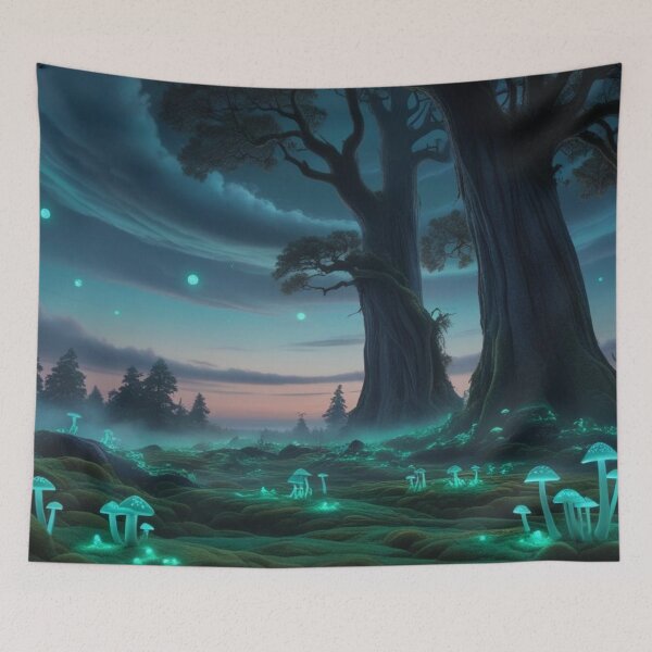 Item preview, Green Blue Glowing Mushrooms Enchanted Fairy Forest at Dusk designed and sold by lollypopstore.