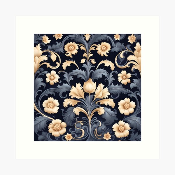 Aperçu de l'œuvre Motif floral baroque bleu marine créée et vendue par VintagePrintsRO.