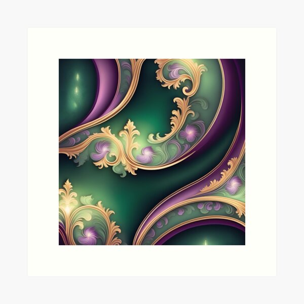 Aperçu de l'œuvre Motif floral baroque vert et violet créée et vendue par VintagePrintsRO.