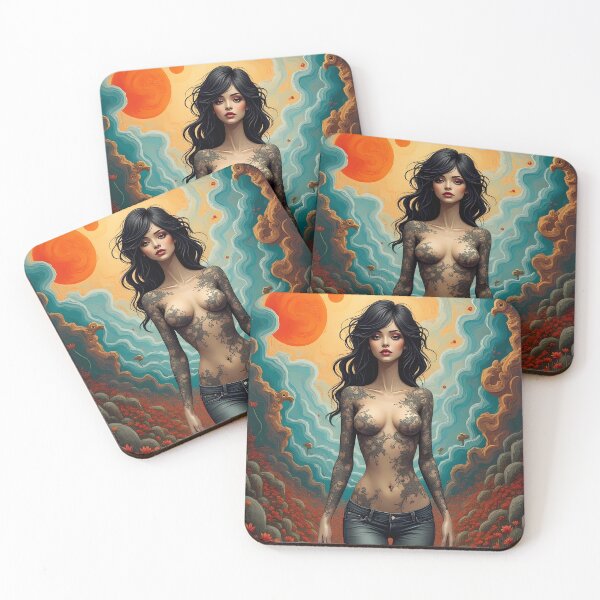 Item preview, Ethereal Inked Goddess: Tattooed Beauty Amidst a Surreal Landscape designed and sold by marvinismyname.