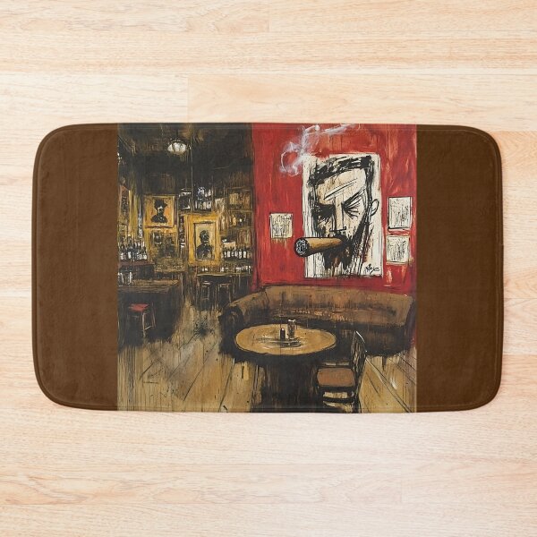 Item preview, Cozy Dimly Lit Bar with Red Accent Wall Featuring Striking Cigar Art and Intimate Wooden Seating AI Generated designed and sold by OlfactoART Studio.
