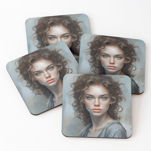 Item preview, Elegant Curly Hair Portrait with Soft Blue Attire designed and sold by Dipab121.