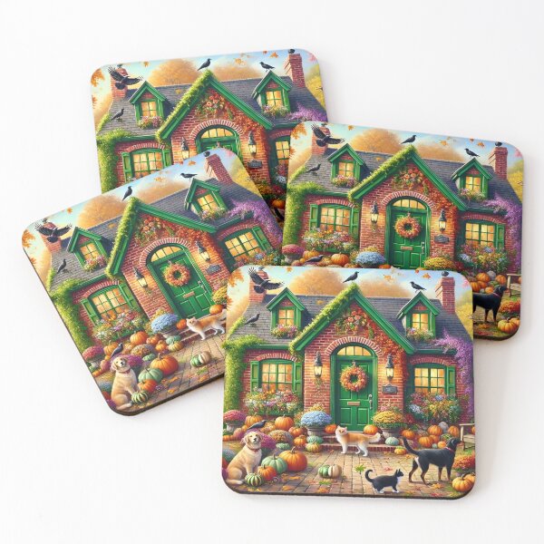 Item preview, Autumn Cozy Cottage Charm Fall Scenery with Cats, Dogs, and Pumpkins designed and sold by NancyzKreations.