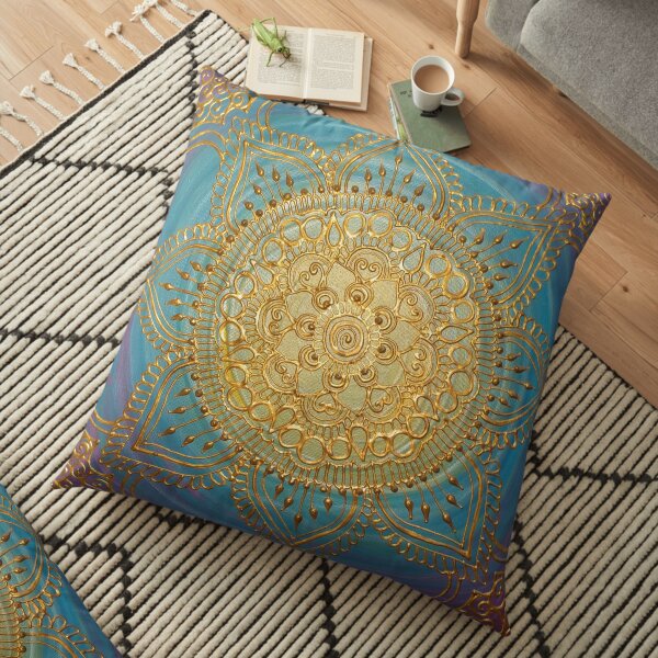Golden Blues Mandala Floor Pillow