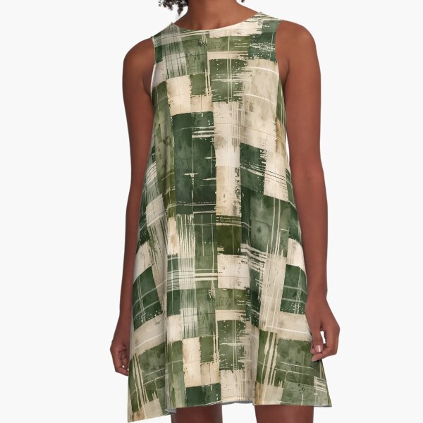 Christmas Grunge Plaid Green & Beige A-Line Dress