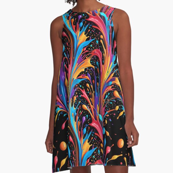 Wild & Vibrant Paint Spill on Black A-Line Dress