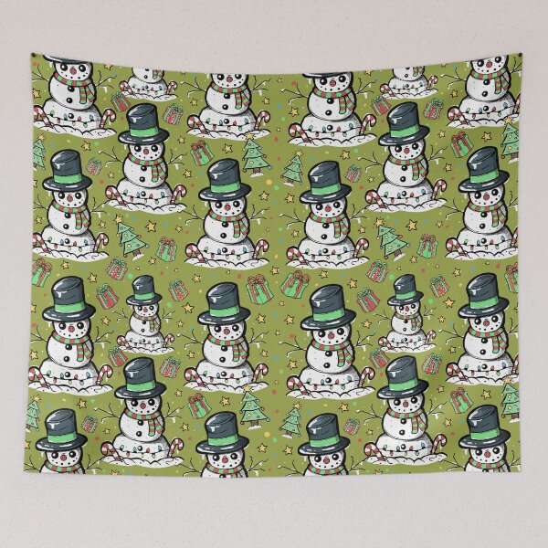 Item preview, CHappy Christmas Snowmen on Old Olive Green designed and sold by Jessica Erin.