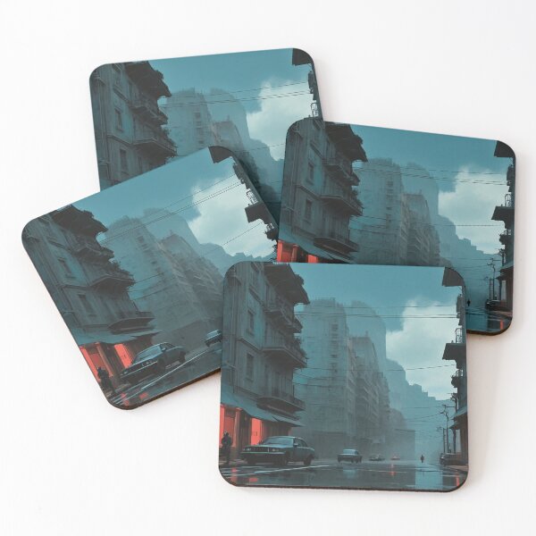 Item preview, Dystopian Street Scene with Neon Red Lights | Atmospheric Urban Decay Art designed and sold by Antalahia.