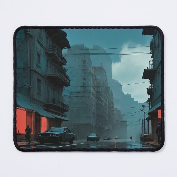 Item preview, Dystopian Street Scene with Neon Red Lights | Atmospheric Urban Decay Art designed and sold by Antalahia.