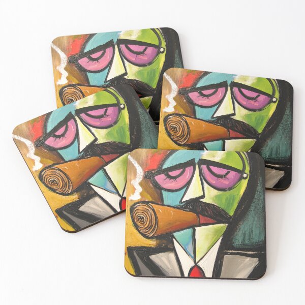 Item preview, Mustached Guy Smoking a Large Cigar Wearing a Suit and Glasses Abstract Comic Digital Art designed and sold by OlfactoART Studio.