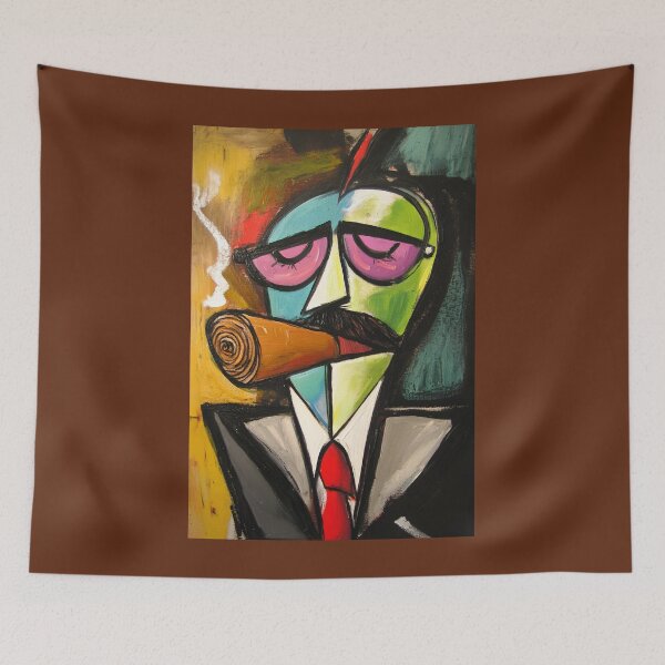 Item preview, Mustached Guy Smoking a Large Cigar Wearing a Suit and Glasses Abstract Comic Digital Art designed and sold by OlfactoART Studio.