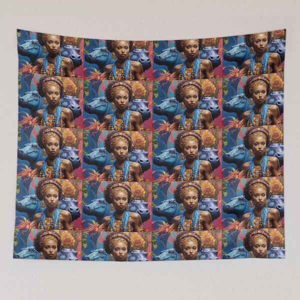 Item preview, Beautiful woman with hippopotamus among tropical flowers. designed and sold by Natalia-Vlad.