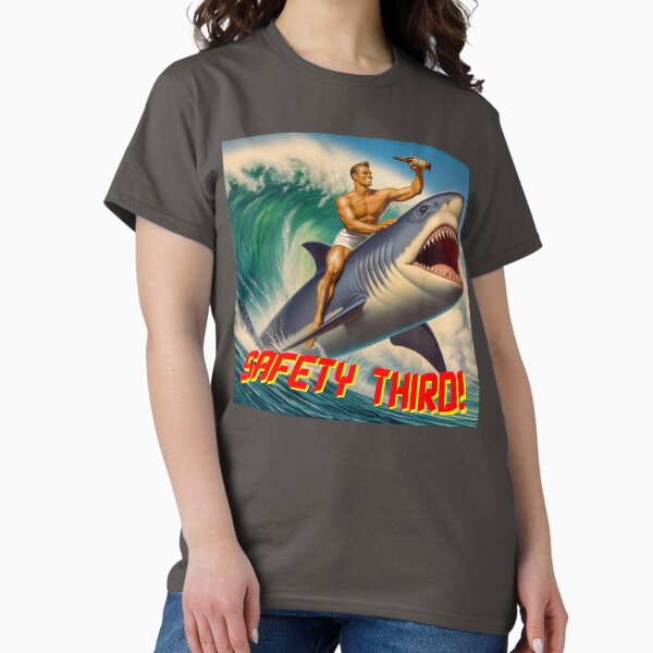 Artikel-Vorschau von Vintage 60er Jahre Postkarte Stil Sicherheit Parodie Shark Rodeo, designt und verkauft von Larry Oates.