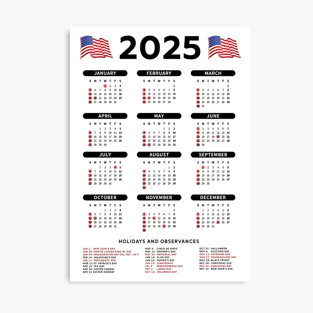 2025 Calendar With Holidays Poster