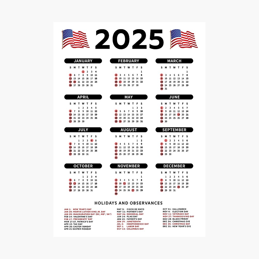2025 Calendar With Holidays Poster
