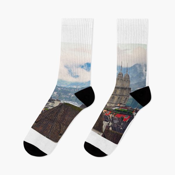 Item preview, Church clock towers in Zurich skyline, cloudy morning,Switzerland designed and sold by goceris.