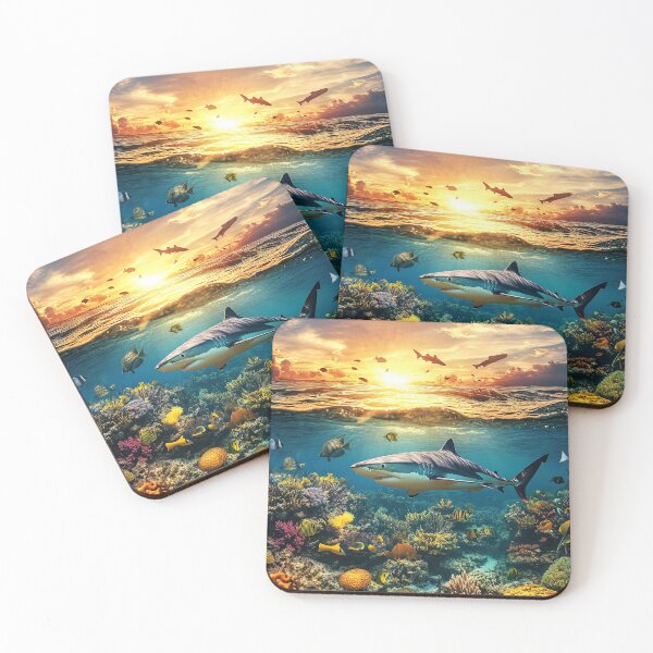 Item preview, Shark underwater with coral reef at sunset - Marine photography designed and sold by TheArtistOf2022.